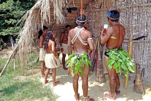 Cinco indígenas estão de costas pra a imagem em uma oca. Eles vestem tangas de folhas para cobrir seus membros inferiores e tinta nos seus superiores. 