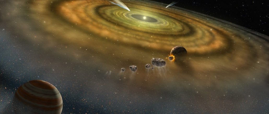 A imagem mostra uma representação artística de como seria a formação dos planetas. No centro se encontra uma estrela brilhante e ao seu redor estão vários planetas, cercados por uma nuvem espessa de poeira.