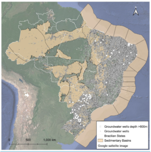 Mapa que representa as bacias sedimentares do Brasil, tanto na costa quando no interior do continente.