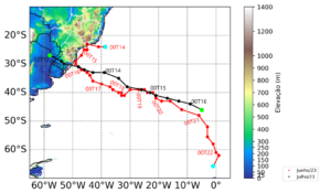 Gráfico com trajetória de dois ciclones no Atlântico Sul.